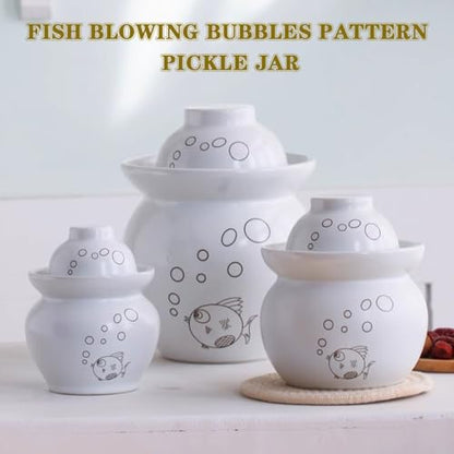 Simple Fish Pattern Pickle Jars, Traditional Water-Sealed Fermentation Crock, Household Ceramic Storage Containers, Decorative Furniture(1.5kg/52.9oz) - size: 1.5kg/52.9oz