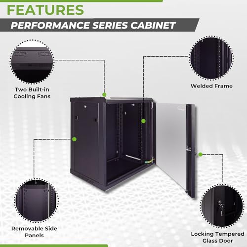 NavePoint 12U Server Cabinet Wall Mount Rack Enclosure Includes 2 Fans, Locking Glass Door, Removable Side Panels – 12U Network Cabinet 17.7” Deep, 19 Inch Server Rack for IT and A/V Equipment - size: 12U - 450mm Depth