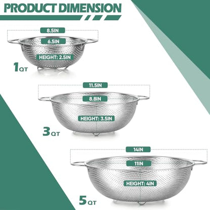 Leonyo Stainless Steel Colander Strainer for Kitchen Set of 3(1-3-5Quart) | Micro-Perforated Metal Strainers and Colanders with Handle for Kitchen Draining Pasta Rinsing,Steaming,Dishwasher Safe