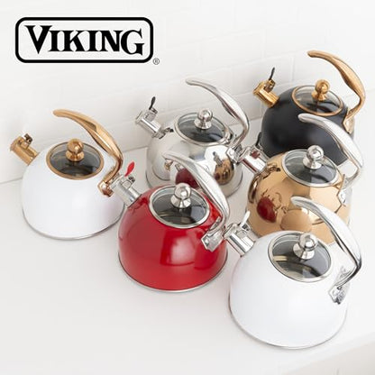 Viking 3-Ply Stainless Steel Tea Kettle, 2.6 Quart Stovetop Hot Water Pot with Tempered Glass Lid, Ergonomic Handle, Induction Ready, Red - color: Red