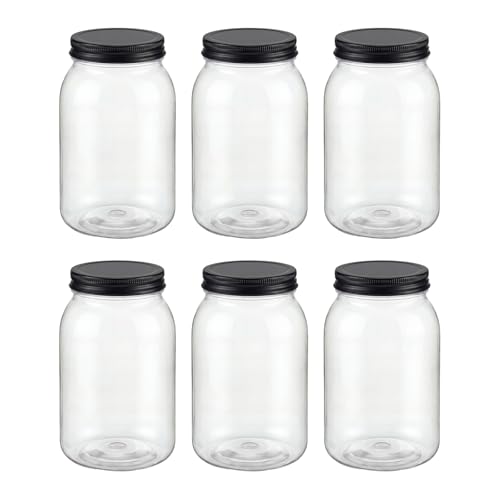 novelinks 32 oz Plastic Mason Jars and Clear Plastic Jars with Lids 32 oz | 6 Pack, Black, Quart Mason Jars Bulk, Plastic Quart Containers with Lids, Large Jars, Mason Jars for Centerpieces - color: Black