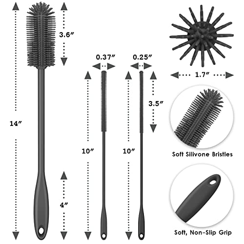 3-in-1 Silicone Bottle Brush and Straw Cleaning Brush Set, Water Bottle Cleaner for Narrow Neck Containers, Tumblers, Flask, Vase and Glassware (Charcoal) - color: Charcoal