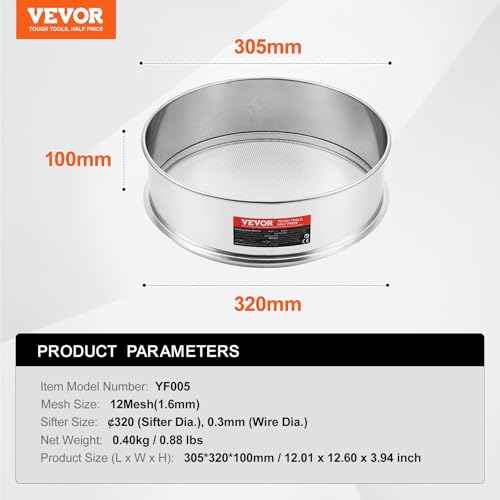 VEVOR Flour Sieve, 12 Mesh Sifter, 304 Stainless Steel Food-grade Fine Mesh Strainer, Dia. 12.6" for Baking, 5 Sizes Mesh Hole for Mungbean, Rice, Pearl Powder - style: 12 Mesh