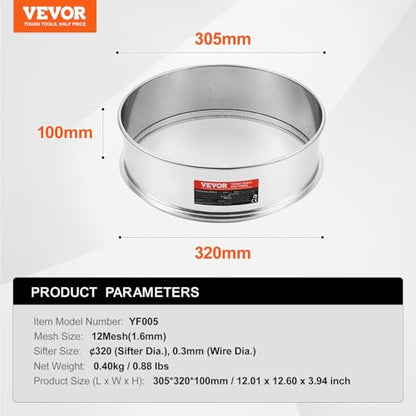 VEVOR Flour Sieve, 12 Mesh Sifter, 304 Stainless Steel Food-grade Fine Mesh Strainer, Dia. 12.6" for Baking, 5 Sizes Mesh Hole for Mungbean, Rice, Pearl Powder - style: 12 Mesh
