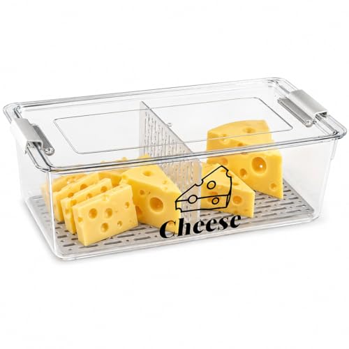 Cheese Container Airtight with Draining Basket Cream Block Cheese Sliced Cheeses Box with Lid for Fridge Shredded Saver 2 Compartment Deli Meat Storage Box,Cheeses Sliced,Grated,Cheddar Keeper - color: Clear - Big