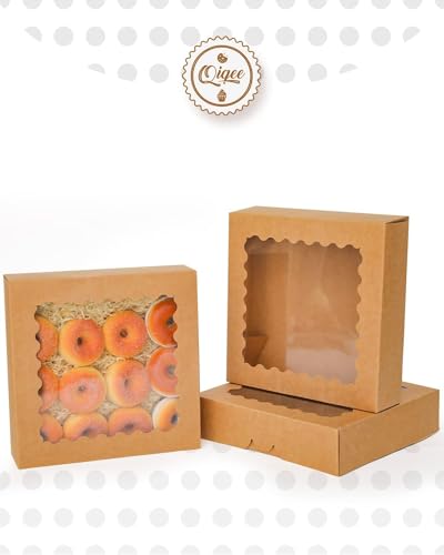 qiqee Auto-pop Up Brown Pie Boxes with Window 10x10x2.5 inch 20Packs Cookie Donut Bakery Box - color: Brown, size: 10"x10"x2.5"/20 Pcs