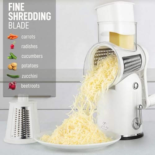 Zulay Kitchen Rotary Cheese Grater 5 Blade Cheese Shredder - Manual Hand Crank Cheese Grater With Reinforced Suction & 5 Interchangeable Drums - Easy to Use, Vegetable Chopper Round Mandoline Slicer - color: Classic | White