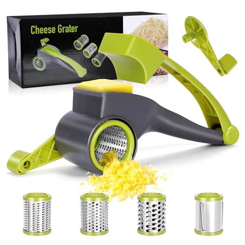 MASTERTOP Cheese Grater,Handheld Rotary Cheese Grater with 4 Stainless Steel Drums,Kitchen Graters Hand Crank for Cheese, Vegetables,Nuts,Chocolate