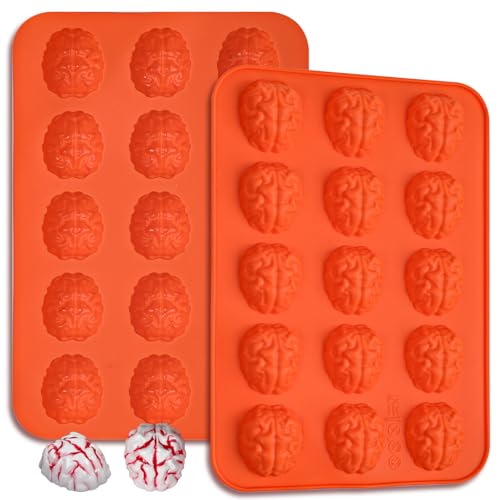 Webake Brain Chocolate Mold, Bite Size Halloween Brain Silicone Molds 15-Cavity for Halloween Chocolate, Candy, Jello, Cupcake, Treats, Pack of 2 - style: Brain