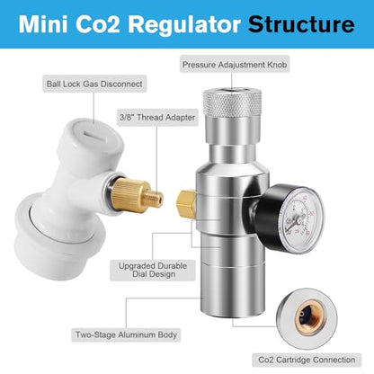 Ball Lock Keg Tap and Mini Co2 Regulator Set, Stainless Steel Self-Closing Ball Lock Beer Faucet & 0-60PSI Mini Beer Keg Charger Regulator Kit with Ball Lock Disconnect for Corny Keg Party