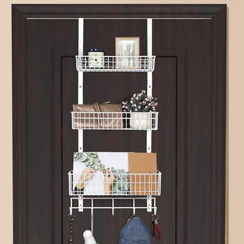 ETELI Over The Door Basket Organizer with 3 Mesh Baskets and 5 Hooks Heavy Duty Pantry Door Organizer Back of Door Storage Rack for Bathroom, Kitchen, Office, White - color: White