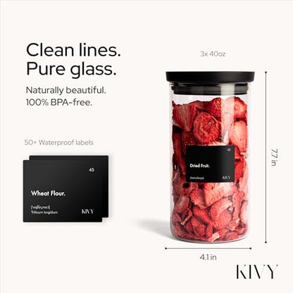 KIVY Airtight Glass Jars with Lids & Labels [3x 40oz] Stackable Glass storage jars with airtight lids - Glass Jars with airtight lid - Food Glass canisters with air tight lids - Pantry containers - size: 40oz * 3
