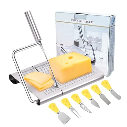 Heavy Duty Cheese Slicer for Block Cheese with 6Pcs Cheese Knife Set, Stainless Steel Cheese Cutter Board with Precise Measuring Grid and Non-Slip Feet, Dishwasher Safe