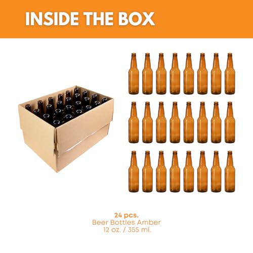 FastRack Amber Beer Bottles 12oz (Pack of 24) | Longneck Glass Beer Bottles with Pry-off Crown Finish for Home Brewing Mead, Cider & Kombucha | Durable Brewing Bottle & Bottling Kit