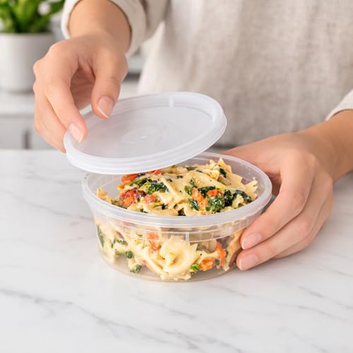 8 oz [30-Pack] Microwavable Plastic Deli Food Storage Containers with Lids | BPA Free, leak-resistant, stackable and freezer-safe design helps keep food fresh and secure - size: 8 oz - 30 Pack