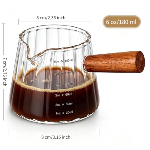 6 oz Espresso Cups - Glass Measuring Cups with Spout - Ribbed Small Creamer Pitcher- Expresso Shots Cup with Wood Handle for Coffee Milk, Dishwasher Safe (Transparent, 1 pack) - color: Transparent, size: 1 pack