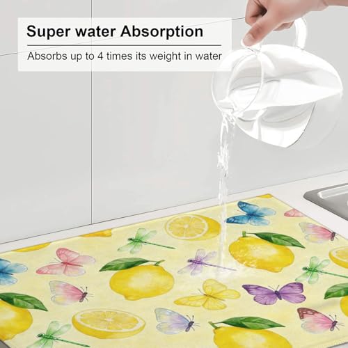 Kitchen Drying Mat for Countertop Fresh Lemon Butterfly Garden Pattern Non-Slip Kitchen Counter Mat for Dishes Glassware - color: Yellow Soft Green