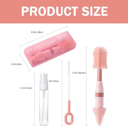 Travel Bottle Brush, 6-in-1 Portable Travel Bottle Cleaner Kit with Small Bottle Brush Built in Drying Rack, Nipple Brush, Straw Brush, Soap Dispenser, for Baby Bottles Under 8 OZ, BPA-Free(Pink) - color: Pink