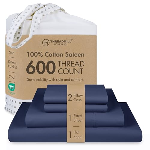 Threadmill 100% Cotton Sheets for Full Size Bed - 600 Thread Count Full Bed Sheets Set with 16” Deep Pocket - Sateen Weave 4-Piece Bedding Set with Cooling Effect, Folkstone Blue - color: Folkstone Blue Solid, size: Full