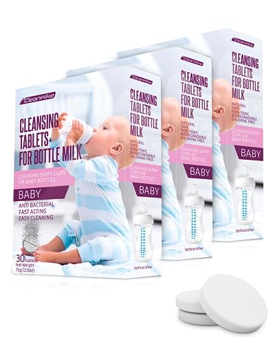 CleanHike (3) Baby Water Bottle Cleaning Tablets - (90 Pack) Natural Bottle Cleaner for Milk Bottles Tabs for Stainless Steel and Plastic Kid's Tumbler - Individually Packed