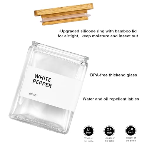 Glass Spice Jars with Bamboo Lid, 4oz Square Spice Containers for Pantry Organization, Seasoning Bottles with Labels, Spoons, Funnel for Salt Sugar - color: White