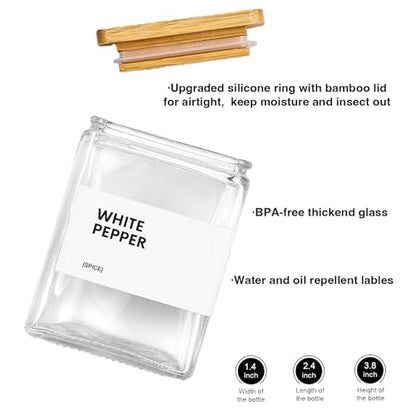 Glass Spice Jars with Bamboo Lid, 4oz Square Spice Containers for Pantry Organization, Seasoning Bottles with Labels, Spoons, Funnel for Salt Sugar - color: White