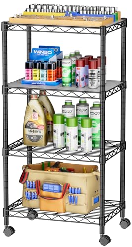 SINGAYE Small Wire 4 Adjustable Shelves Pantry Metal Shelf Floor Organizer | Armoire Adjustable Floor Kitchen Narrow Organizer Rack Shelving Short Square Stackable Standing Storage Tier Under Unit - color: Black, size: 4-Tier 11.8"D X 17.3"W X 45.2"H