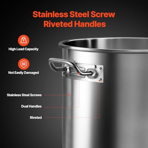 VEVOR Stainless Steel Stockpot, 53 Quart Large Cooking Pots, Cookware Sauce Pot with Lid, and Handle, Heavy Duty Commercial Grade Stock Pot, Sanding Treatment, for Large Groups Events Silver - size: 53 Quarts