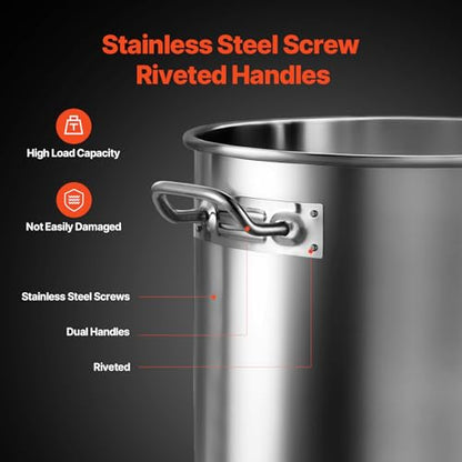 VEVOR Stainless Steel Stockpot, 53 Quart Large Cooking Pots, Cookware Sauce Pot with Lid, and Handle, Heavy Duty Commercial Grade Stock Pot, Sanding Treatment, for Large Groups Events Silver - size: 53 Quarts