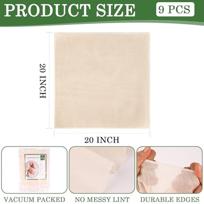 WMKGG 9 PCS Cheese Cloths, Grade 100, 20x20 Inch Cotton Cheesecloth with Hemmed 4 Edges, Reusable Unbleached Fine Mesh Cheesecloth for Straining, Cooking, Juicing, Cheese Making, Baking, Yogurt - size: 9pcs 20"x20"Cheese Cloth