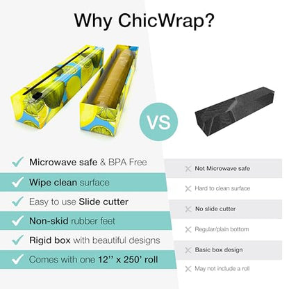 Chicwrap Lemon Refillable Plastic Wrap Dispenser - Includes One 12" x 250' Roll of Professional Grade Plastic Wrap - BPA Free and Kosher Certified - Reusable Dispenser w/Slide Cutter - style: Lemons
