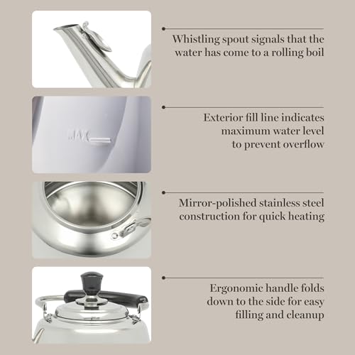 Martha Stewart Kingstree Large 2 Qt Stainless Steel Tea Kettle – Heavy Gauge Durable Whistling Tea Kettle for Stove Top, Easy Pour, Classic Design - color: Stainless Steel, size: 2 Quarts