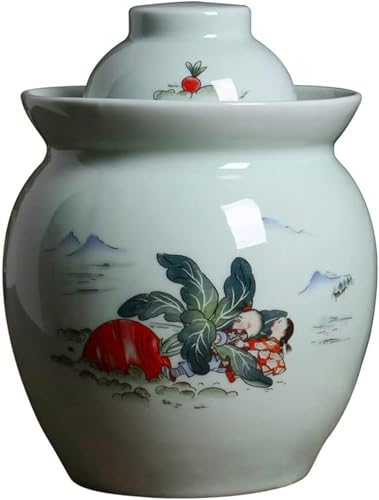 Traditional Chinese Porcelain Pickle Jar, Jingdezhen Ceramic Fermentation Crock Pickling Pot,Fermenting Jar with Water Seal Airlock Lid Stoneware Fermenter for Kimch L*1 - size: Large