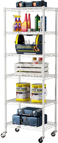 SINGAYE 6 Small Wire Shelves Kitchen Pantry Close Home Organizers and Storage Bathroom Shelf Laundry Room Organization Adjustable Book Metal Garage Shelving Unit - color: White, size: 6-Tier 11.8"D X 17.3"W X 61.7"H