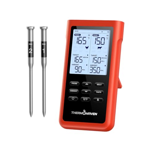 ThermoMaven 3000FT Wireless Meat Thermometer, No App Needed, 2 Probes | Sub-1G Long Range, Digital Smart Base, 6 Sensor NIST Accuracy, IPX8, BBQ Smoker Grill Oven Brisket Steak Turkey Pork Roast - color: Red