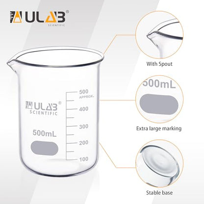 ULAB Scientific Glass Beakers, Vol. 500ml, 3.3 Borosilicate Griffin Low Form with Printed Graduation, Pack of 6, UBG1038 - style: Vol.500ml, Pack of 6
