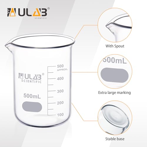ULAB Scientific Glass Beakers, Vol. 500ml, 3.3 Borosilicate Griffin Low Form with Printed Graduation, Pack of 6, UBG1038 - style: Vol.500ml, Pack of 6