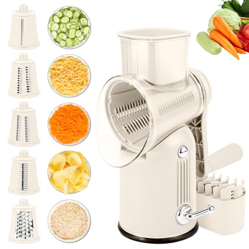 Rotary Cheese Grater with Handle: 5-in-1 Cheese Grater Hand Crank, Strong Suction Base for Fruit Vegetables Nuts with Blade Storage Box (White) - color: White