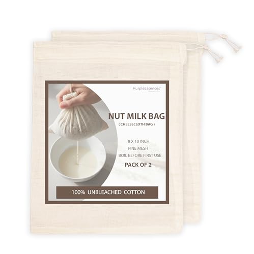 PurpleEssences Ultra-Dense Unbleached Cotton Nut Milk & Filter Bags Reusable Cheesecloth Drawstring Strainers for Cheese Making, Straining, Storage, Sprouting - Set of 2-8x10 Inch - Natural - size: 8 x 10 Inch