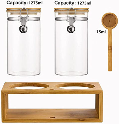 Yangbaga Ground Coffee Storage Container with Shelf, 2×45OZ Glass Coffee and Sugar Container Set, Coffee Canisters with Airtight Lids and Scoop, Food Storage Jars for Kitchen,Nuts,Tea,Sugar