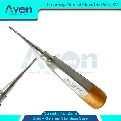 1.5, 2mm, 3mm, 4mm, 5mm, Straight Tipped Hollow Handle Root Extraction Elevators | Stainless Steel German | 5 Piece Bundle - Gold
