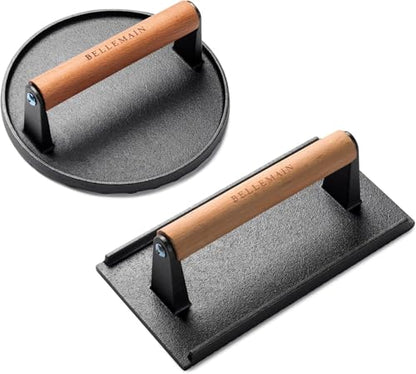 Bellemain Heavy-Duty Cast Iron Grill Press Set – Perfect Smash Burger Press & Steak Tool with Ergonomic Wood Handle for Pro-Level Searing on Griddle, Skillet, or BBQ - size: 7” Round and Rectangle