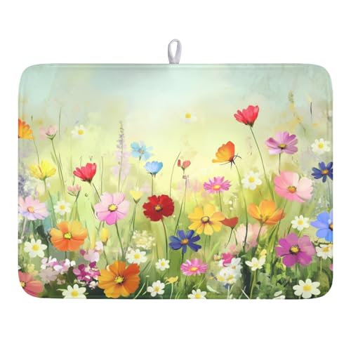 Spring Summer Daisy Dish Drying Mat 18 x 24 Inch Colourful Floral Pattern Dish Drainer Rack Mat Absorbent Microfiber Mats Holiday Dish Pad for Kitchen Coffee Dining Bar Decor - color: Colorful Floral, size: 18" x 24"