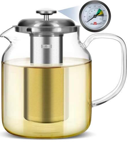 Aquach 68oz Glass Teapot with Thermometer, Stovetop Safe Tea Pot | Dishwasher Safe, Borosilicate Glass, Family Capacity, Precise Loose Leaf Filter, Easy-clean - size: 68 fluid ounces with Thermometer