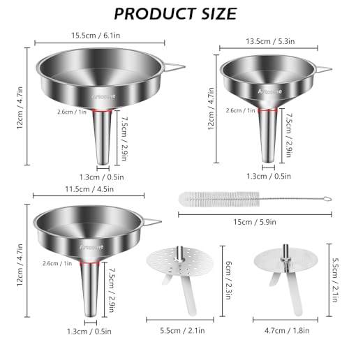 Artcome 3 Pcs Stainless Steel Kitchen Funnel Set, Food Grade 3-in-1 Metal Funnel, Ideal for Transferring of Liquid, Sauce, Jam, Particles & Powder - Dispensing Funnels with Strainers - Dish-Wash Safe