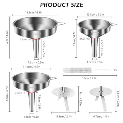 Artcome 3 Pcs Stainless Steel Kitchen Funnel Set, Food Grade 3-in-1 Metal Funnel, Ideal for Transferring of Liquid, Sauce, Jam, Particles & Powder - Dispensing Funnels with Strainers - Dish-Wash Safe