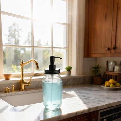 Amolliar Quart Size Mason Jar Liquid Soap Dispenser, 32OZ Glass Pump Bottle Rustproof Stainless Steel Pump Lid Lotion Dispenser, Regular Mouth Dish Soap Dispenser for Kitchen, Hand Soap, Black 1 Pack - color: Black, size: 1 Pack