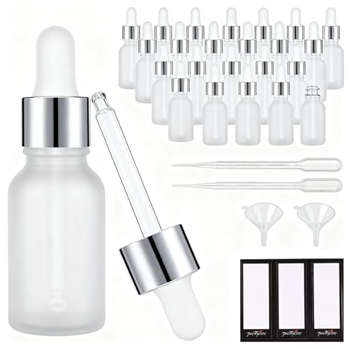PrettyCare 24 pcs，Eye Dropper Bottle 0.5 oz（ 15 ml Frosted Glass Bottles with Silver Caps, 2 Extra Measured Pipettes, 48 Labels, 2 Funnels Empty Tincture Bottles for Essential Oils - color: 0.5oz Frosted, style: 24 Pack