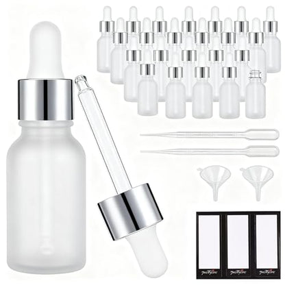 PrettyCare 24 pcs，Eye Dropper Bottle 0.5 oz（ 15 ml Frosted Glass Bottles with Silver Caps, 2 Extra Measured Pipettes, 48 Labels, 2 Funnels Empty Tincture Bottles for Essential Oils - color: 0.5oz Frosted, style: 24 Pack