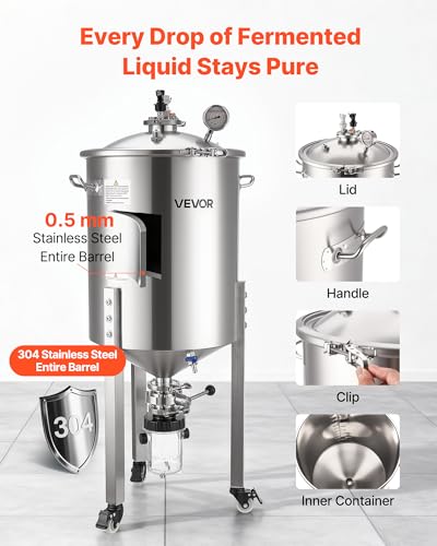 VEVOR Pressure Fermenter 15 PSI, 16 Gal/60L All-in-One Stainless Steel Conical Secondary Fermentation Bucket, with Cooling Tube, Yeast Slurry Collection Bottle, for Wine, Beer Brewing Equipment - size: 16 Gal-Fermenter2.0